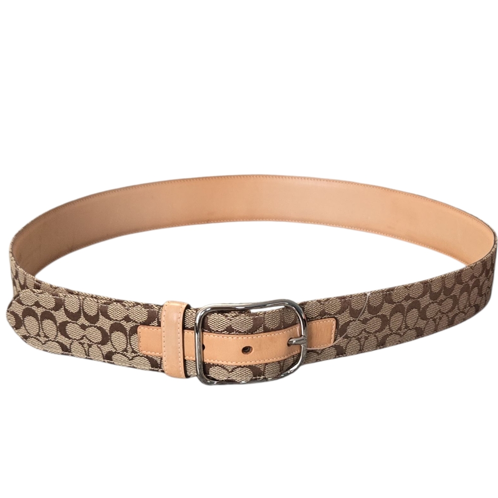 Coach Signature Monogram Belt in Beige and Brown with Leather Accents